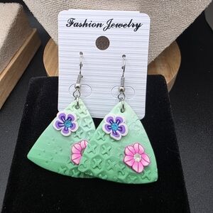 Green and Pink Floral Earrings (1423)